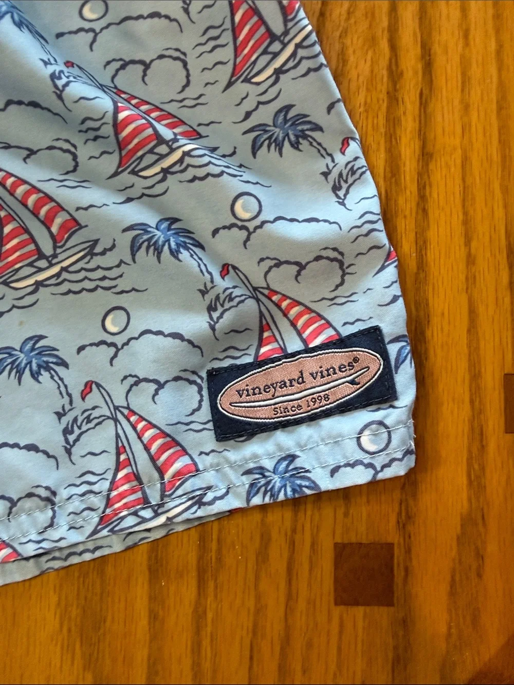 Vineyard Vines Light Blue Sailboat Print Swim Trunks with Red Accents